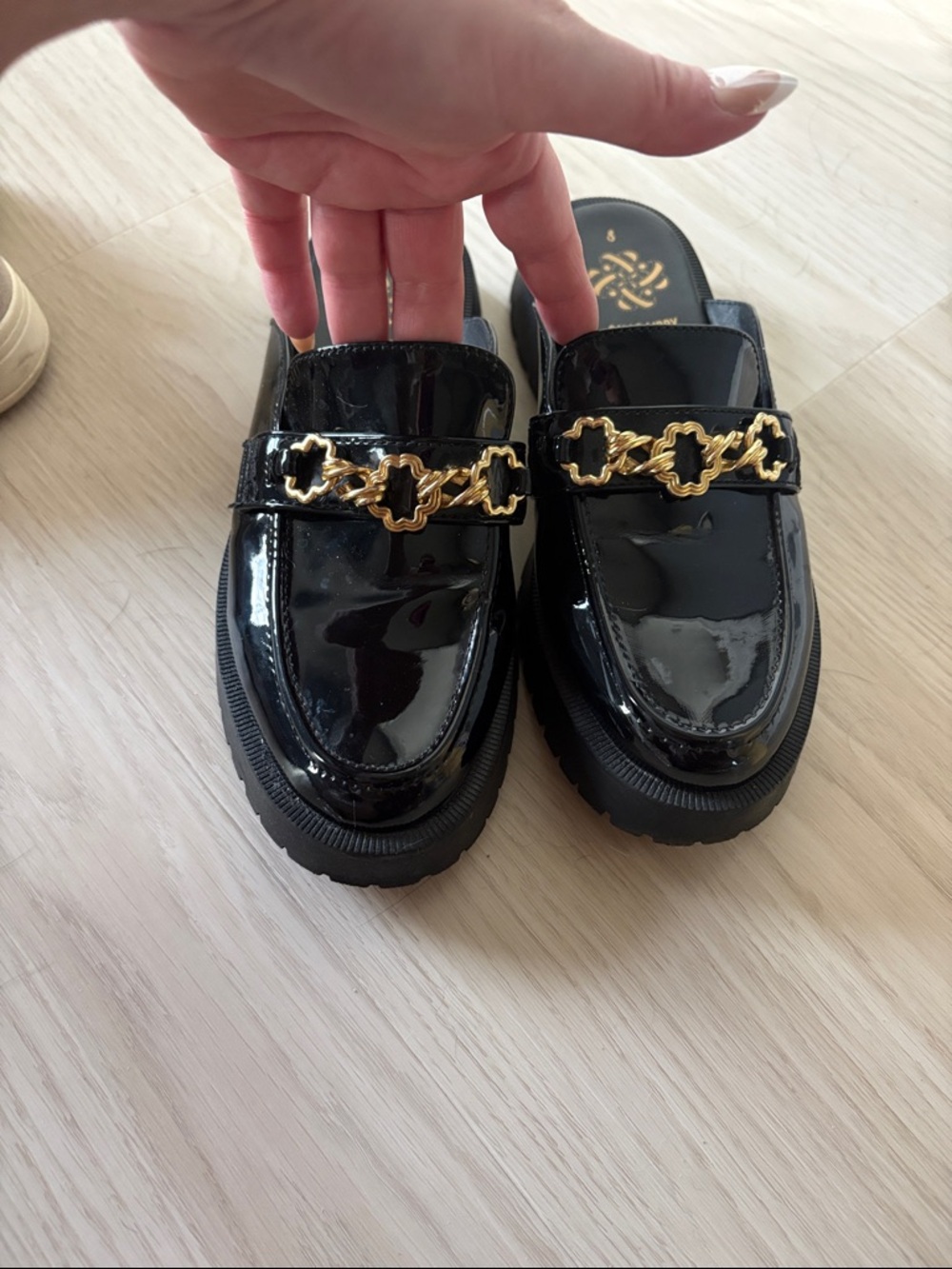 Sam & Libby Black Patent Mules with Gold Chain Trim